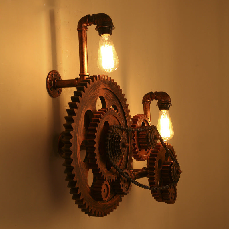 Contemporary Retro Iron Water Pipe Gear Design 2-Light Wall Sconce Lamp For Entertainment Rooms