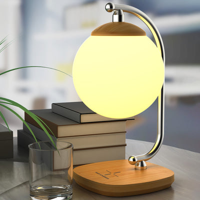 Contemporary Scandinavian ABS Moon Shade Imitation Wood Grain Base LED Table Lamp For Bedroom