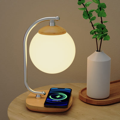 Contemporary Scandinavian ABS Moon Shade Imitation Wood Grain Base LED Table Lamp For Bedroom