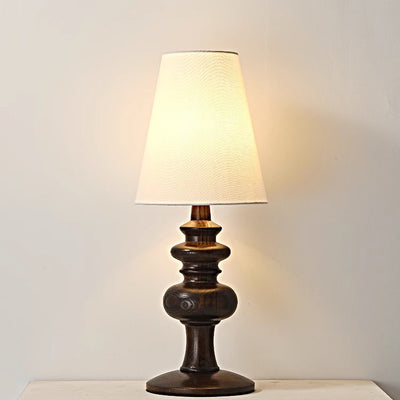 Traditional French Fabric Round Shade Solid Wood Base 1-Light Table Lamp For Bedroom