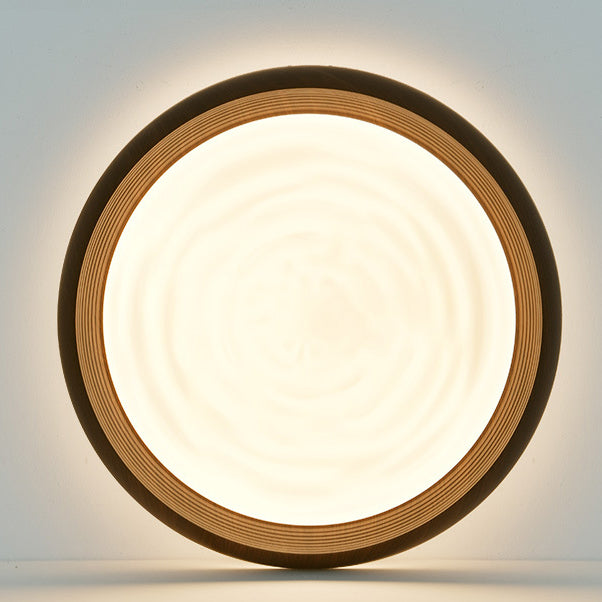 Traditional Japanese Walnut Wood Grain Round Iron LED Flush Mount Ceiling Light For Living Room