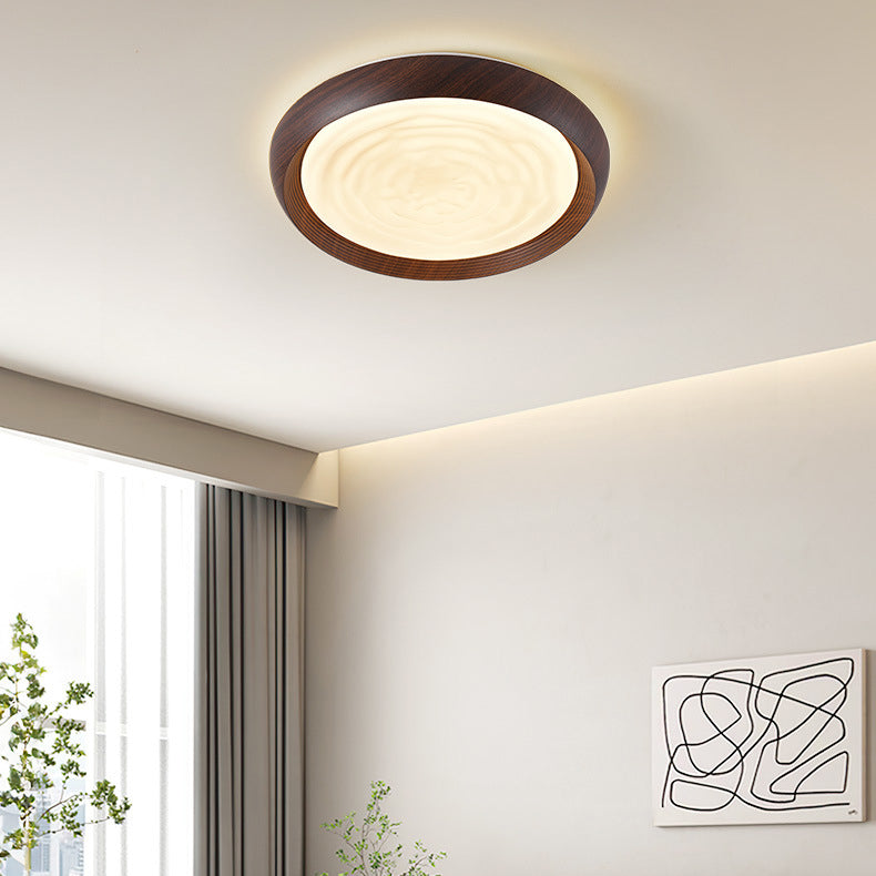 Traditional Japanese Walnut Wood Grain Round Iron LED Flush Mount Ceiling Light For Living Room