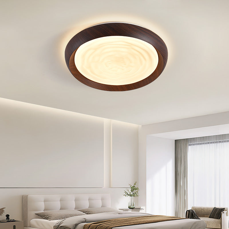 Traditional Japanese Walnut Wood Grain Round Iron LED Flush Mount Ceiling Light For Living Room