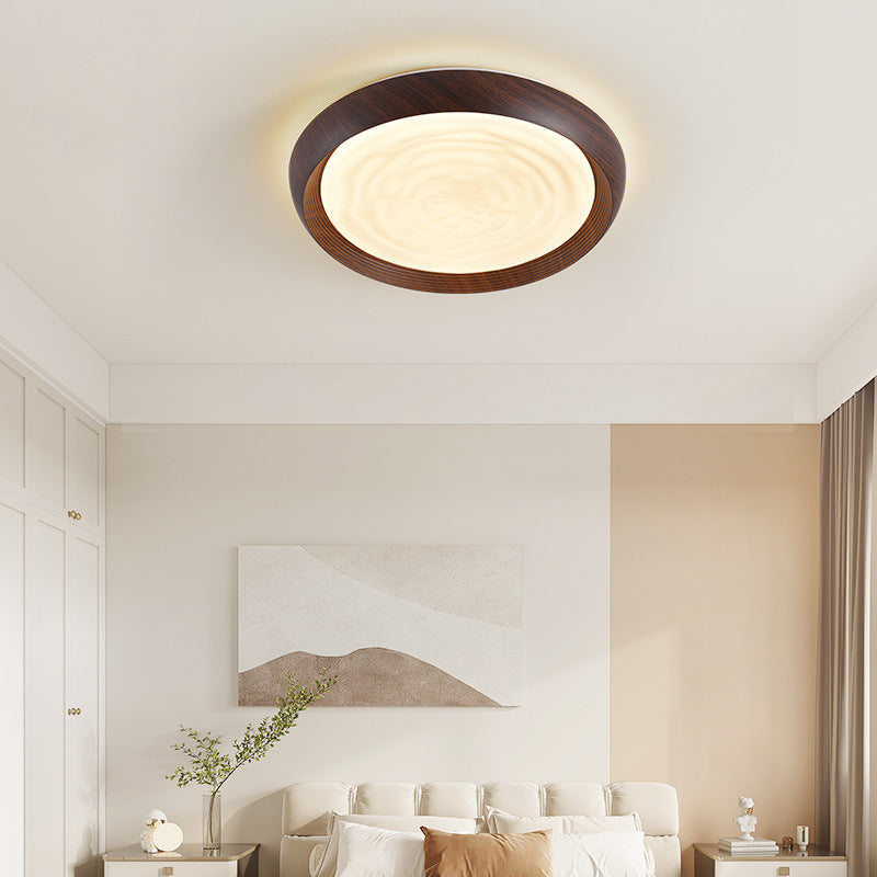 Traditional Japanese Walnut Wood Grain Round Iron LED Flush Mount Ceiling Light For Living Room