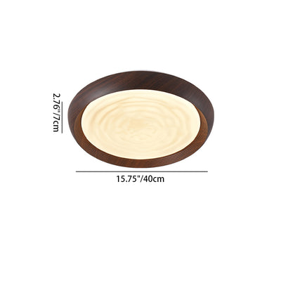 Traditional Japanese Walnut Wood Grain Round Iron LED Flush Mount Ceiling Light For Living Room