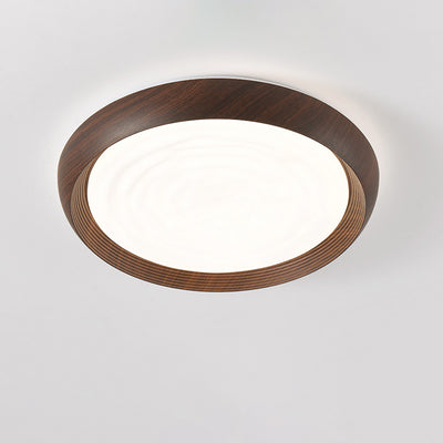 Traditional Japanese Walnut Wood Grain Round Iron LED Flush Mount Ceiling Light For Living Room