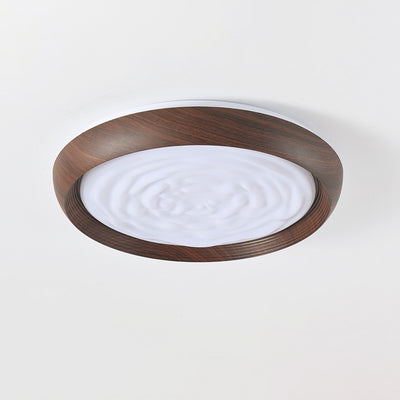 Traditional Japanese Walnut Wood Grain Round Iron LED Flush Mount Ceiling Light For Living Room