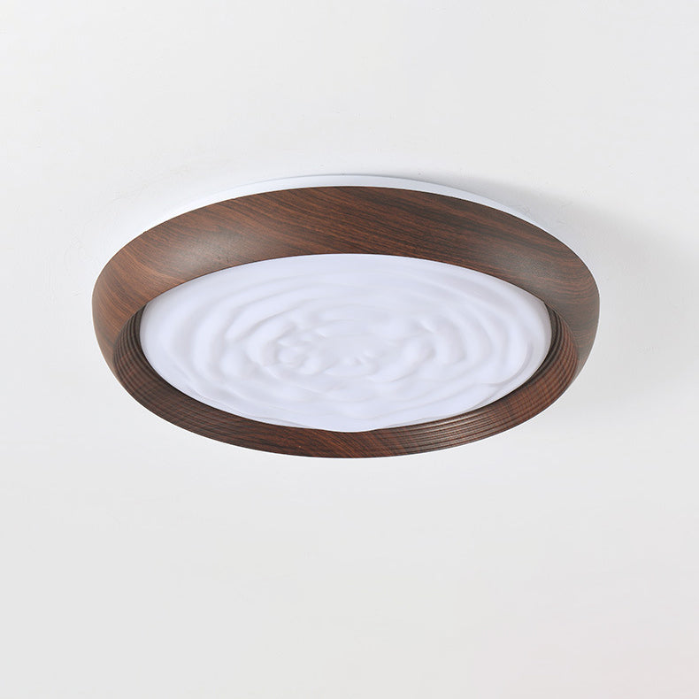 Traditional Japanese Walnut Wood Grain Round Iron LED Flush Mount Ceiling Light For Living Room