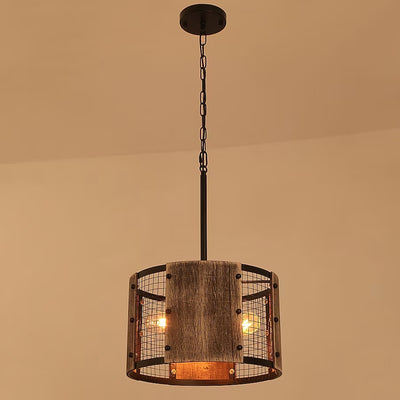 Traditional Farmhouse Iron Net Wood Drum Shade 3-Light Chandelier For Dining Room