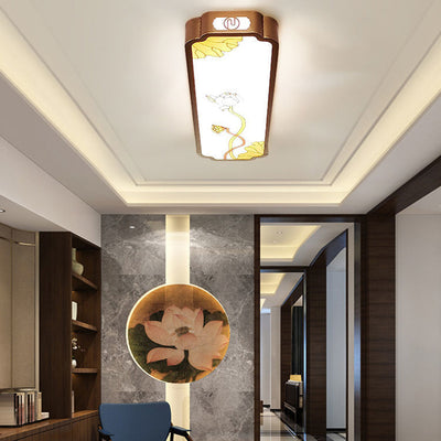 Traditional Chinese Long Strip Iron Enamel Lotus LED Flush Mount Ceiling Light For Living Room