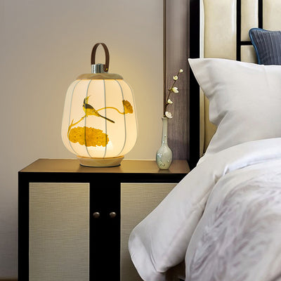 Traditional Chinese Fabric Lantern Shade Wood USB LED Table Lamp For Living Room