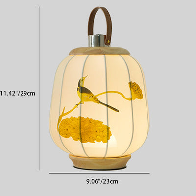 Traditional Chinese Fabric Lantern Shade Wood USB LED Table Lamp For Living Room