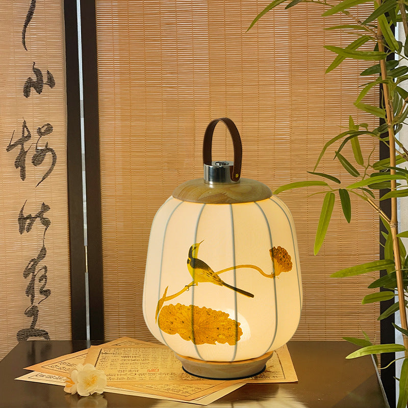 Traditional Chinese Fabric Lantern Shade Wood USB LED Table Lamp For Living Room