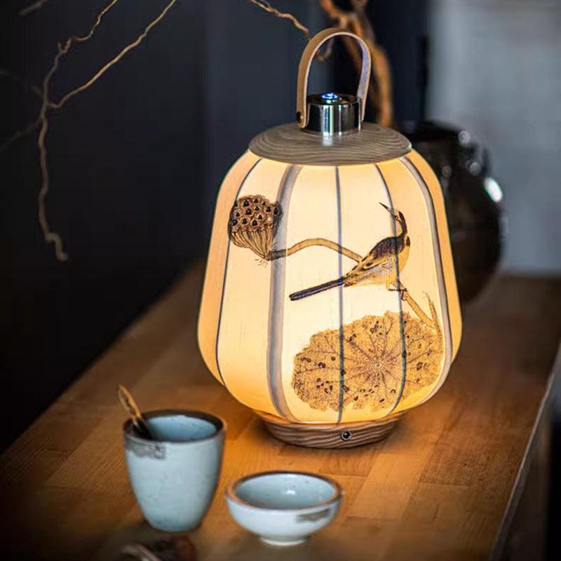 Traditional Chinese Fabric Lantern Shade Wood USB LED Table Lamp For Living Room