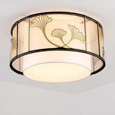 Traditional Chinese Lotus Leaf Decoration Fabric Round 5-Light Flush Mount Ceiling Light For Living Room