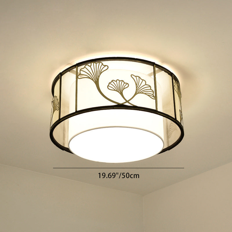 Traditional Chinese Lotus Leaf Decoration Fabric Round 5-Light Flush Mount Ceiling Light For Living Room