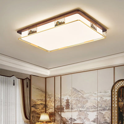 Traditional Chinese Brass Frame Walnut Wood Geometric Cuboid LED Flush Mount Ceiling Light For Living Room