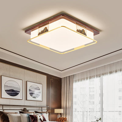 Traditional Chinese Brass Frame Walnut Wood Geometric Cuboid LED Flush Mount Ceiling Light For Living Room