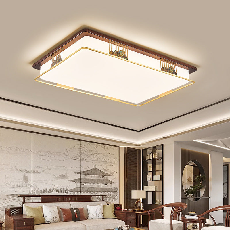 Traditional Chinese Brass Frame Walnut Wood Geometric Cuboid LED Flush Mount Ceiling Light For Living Room