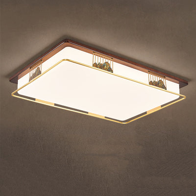 Traditional Chinese Brass Frame Walnut Wood Geometric Cuboid LED Flush Mount Ceiling Light For Living Room