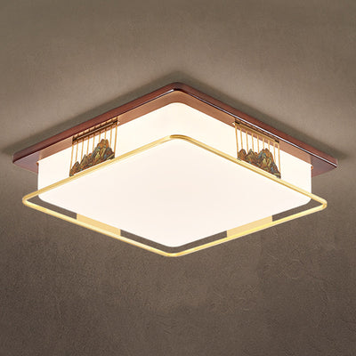 Traditional Chinese Brass Frame Walnut Wood Geometric Cuboid LED Flush Mount Ceiling Light For Living Room