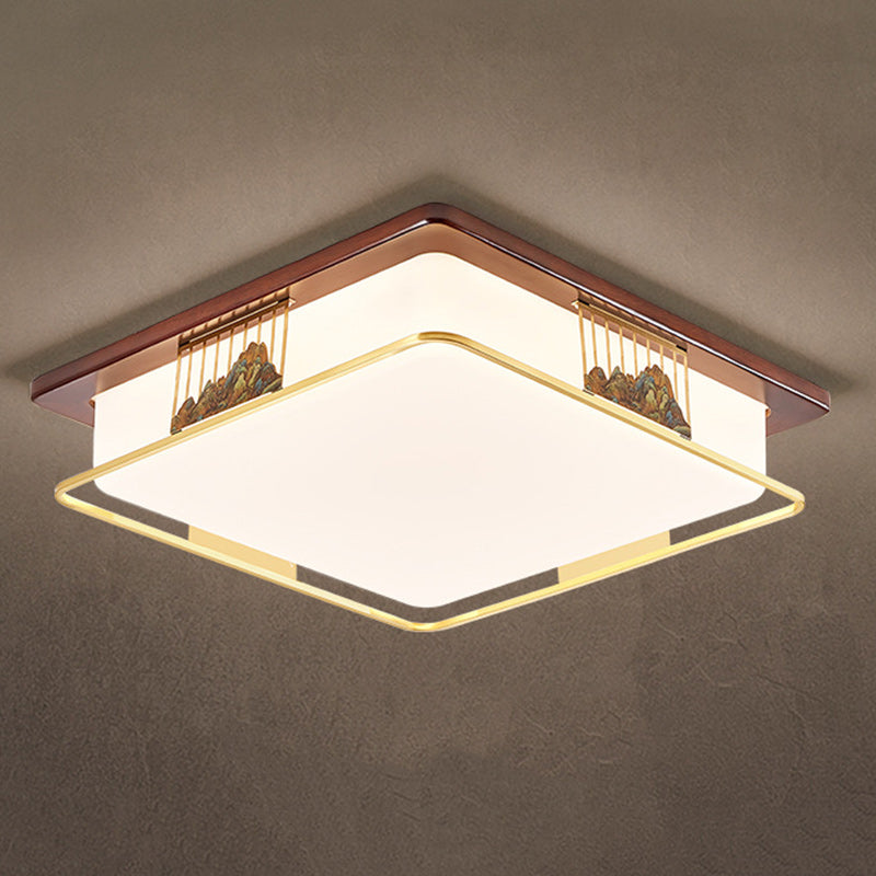 Traditional Chinese Brass Frame Walnut Wood Geometric Cuboid LED Flush Mount Ceiling Light For Living Room