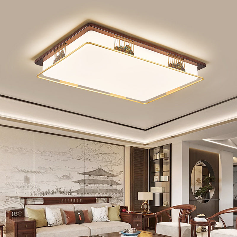 Traditional Chinese Brass Frame Walnut Wood Geometric Cuboid LED Flush Mount Ceiling Light For Living Room