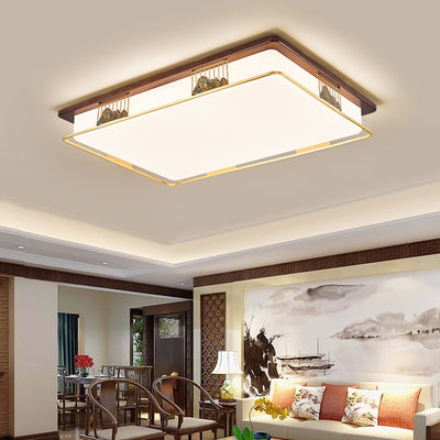 Traditional Chinese Brass Frame Walnut Wood Geometric Cuboid LED Flush Mount Ceiling Light For Living Room