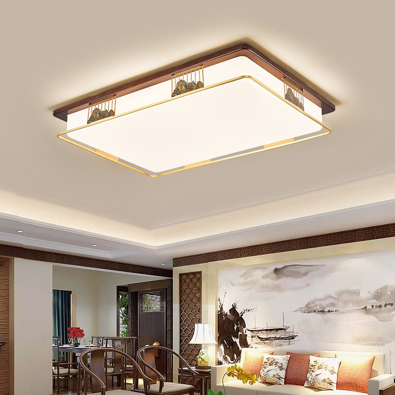 Traditional Chinese Brass Frame Walnut Wood Geometric Cuboid LED Flush Mount Ceiling Light For Living Room