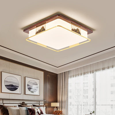 Traditional Chinese Brass Frame Walnut Wood Geometric Cuboid LED Flush Mount Ceiling Light For Living Room