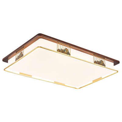 Traditional Chinese Brass Frame Walnut Wood Geometric Cuboid LED Flush Mount Ceiling Light For Living Room