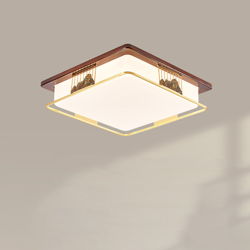 Traditional Chinese Brass Frame Walnut Wood Geometric Cuboid LED Flush Mount Ceiling Light For Living Room