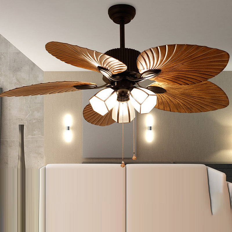 Traditional Retro Leaves Texture ABS Fan Glass Hexagonal Shade 3-Light Downrods Ceiling Fan Light For Living Room