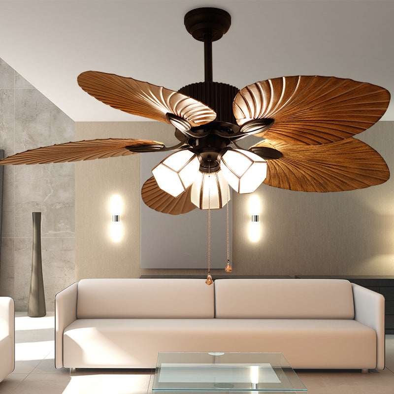 Traditional Retro Leaves Texture ABS Fan Glass Hexagonal Shade 3-Light Downrods Ceiling Fan Light For Living Room