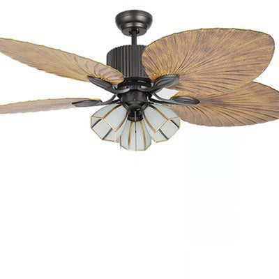 Traditional Retro Leaves Texture ABS Fan Glass Hexagonal Shade 3-Light Downrods Ceiling Fan Light For Living Room