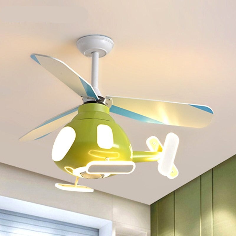 Contemporary Creative Cartoon Helicopter Iron Acrylic LED Kids Downrods Ceiling Fan Light For Bedroom