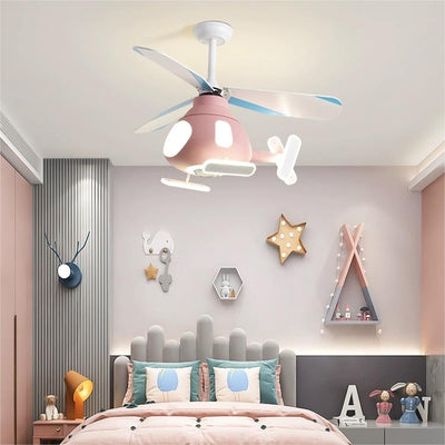 Contemporary Creative Cartoon Helicopter Iron Acrylic LED Kids Downrods Ceiling Fan Light For Bedroom