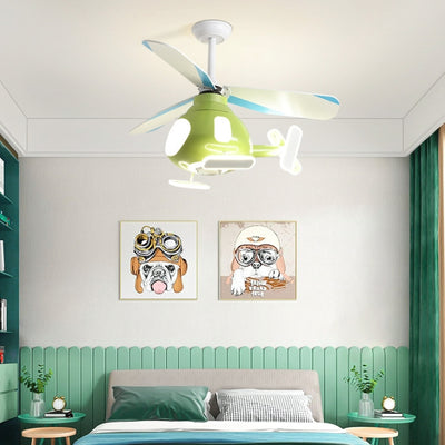 Contemporary Creative Cartoon Helicopter Iron Acrylic LED Kids Downrods Ceiling Fan Light For Bedroom