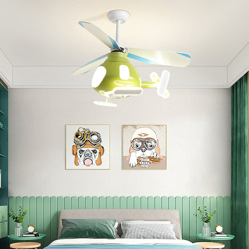 Contemporary Creative Cartoon Helicopter Iron Acrylic LED Kids Downrods Ceiling Fan Light For Bedroom