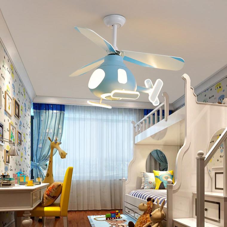 Contemporary Creative Cartoon Helicopter Iron Acrylic LED Kids Downrods Ceiling Fan Light For Bedroom