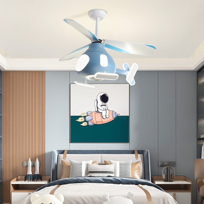 Contemporary Creative Cartoon Helicopter Iron Acrylic LED Kids Downrods Ceiling Fan Light For Bedroom