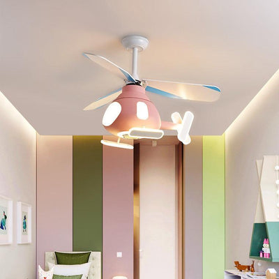 Contemporary Creative Cartoon Helicopter Iron Acrylic LED Kids Downrods Ceiling Fan Light For Bedroom