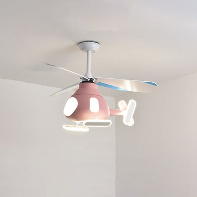 Contemporary Creative Cartoon Helicopter Iron Acrylic LED Kids Downrods Ceiling Fan Light For Bedroom