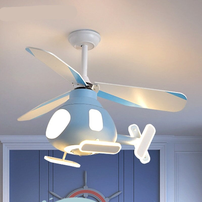 Contemporary Creative Cartoon Helicopter Iron Acrylic LED Kids Downrods Ceiling Fan Light For Bedroom