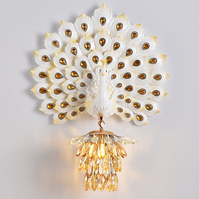 Contemporary Creative Resin Peacock Crystal Ball Shade 1-Light Wall Sconce Lamp For Living Room