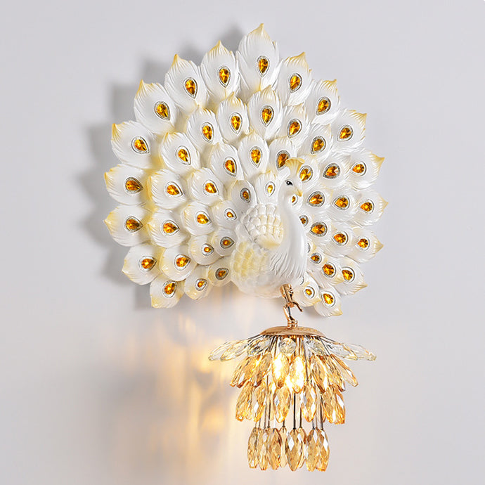 Contemporary Creative Resin Peacock Crystal Ball Shade 1-Light Wall Sconce Lamp For Living Room