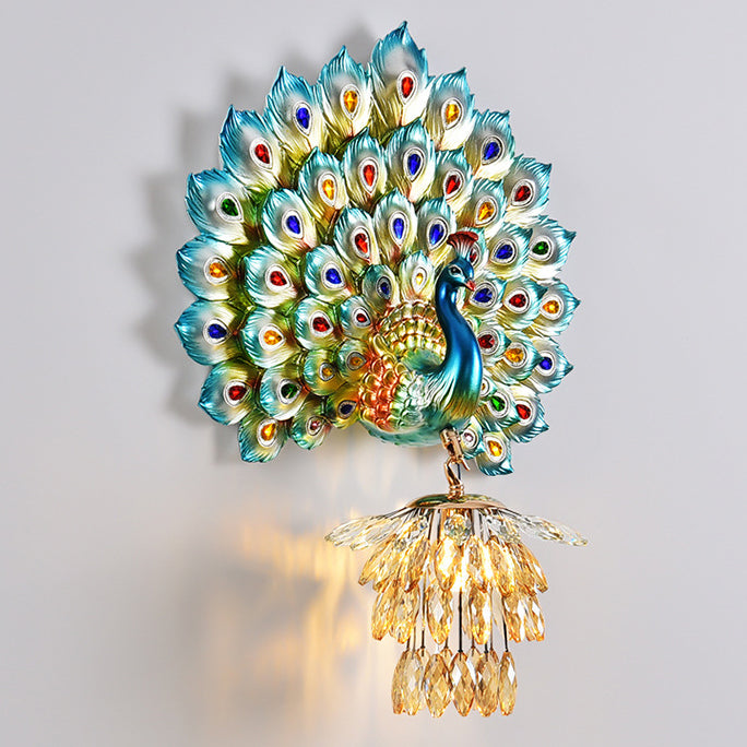 Contemporary Creative Resin Peacock Crystal Ball Shade 1-Light Wall Sconce Lamp For Living Room