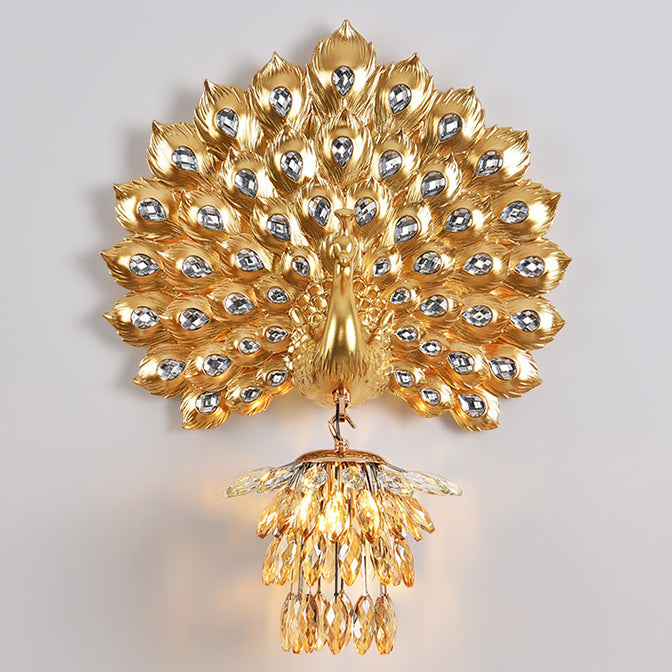 Contemporary Creative Resin Peacock Crystal Ball Shade 1-Light Wall Sconce Lamp For Living Room