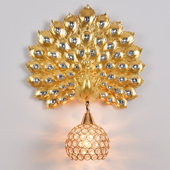 Contemporary Creative Resin Peacock Crystal Ball Shade 1-Light Wall Sconce Lamp For Living Room