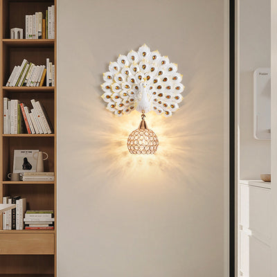 Contemporary Creative Resin Peacock Crystal Ball Shade 1-Light Wall Sconce Lamp For Living Room